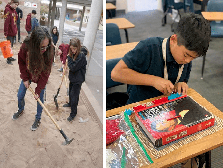 A group of students working outside on clearing a tortoise habitat as well as a student working on his latch hook rug.