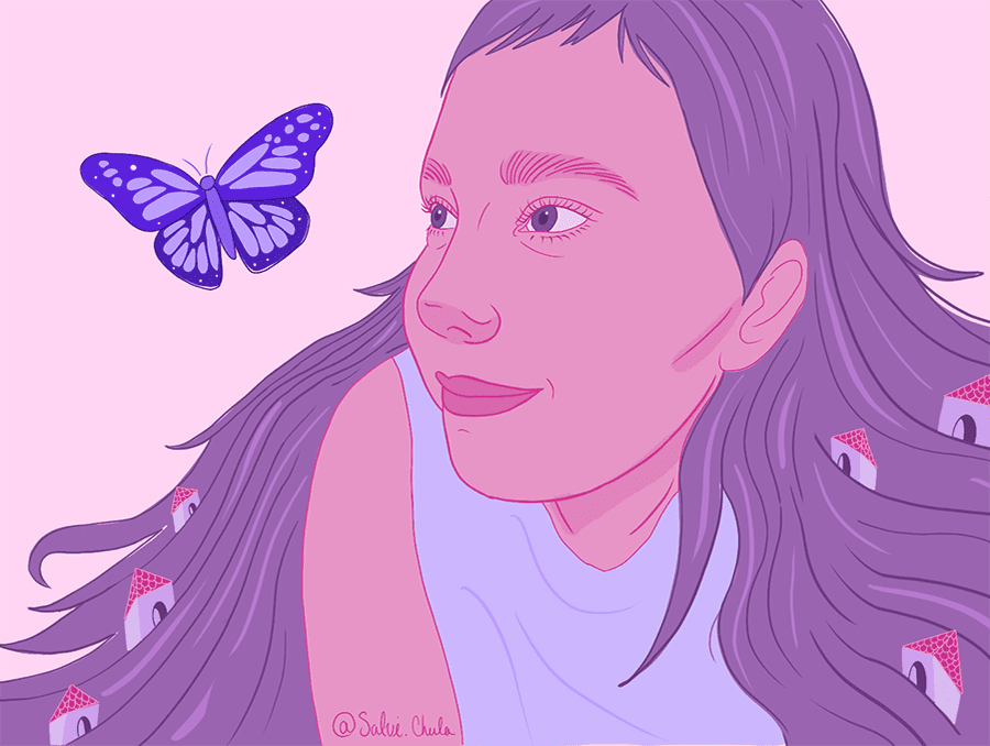 Digital illustration of a girl looking at a butterfly by Jahi titled "Elise la Lombriz," 2021.