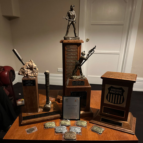Trophies depicting various mining techniques, belt buckles and plaques sit on a table.