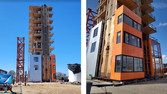 Two images side. by side showing an unfinished building that is 10-stories tall and uses a variety of materials including wood and steel.