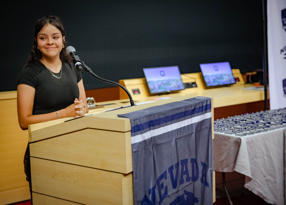 Victoria Gallegos at podium