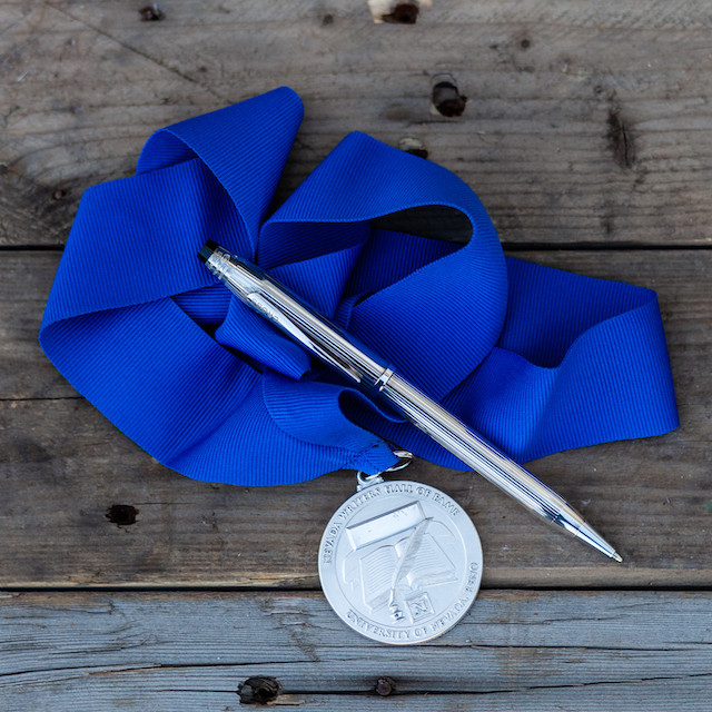 Close up of Nevada Writers Hall of Fame medal and Silver Pen.