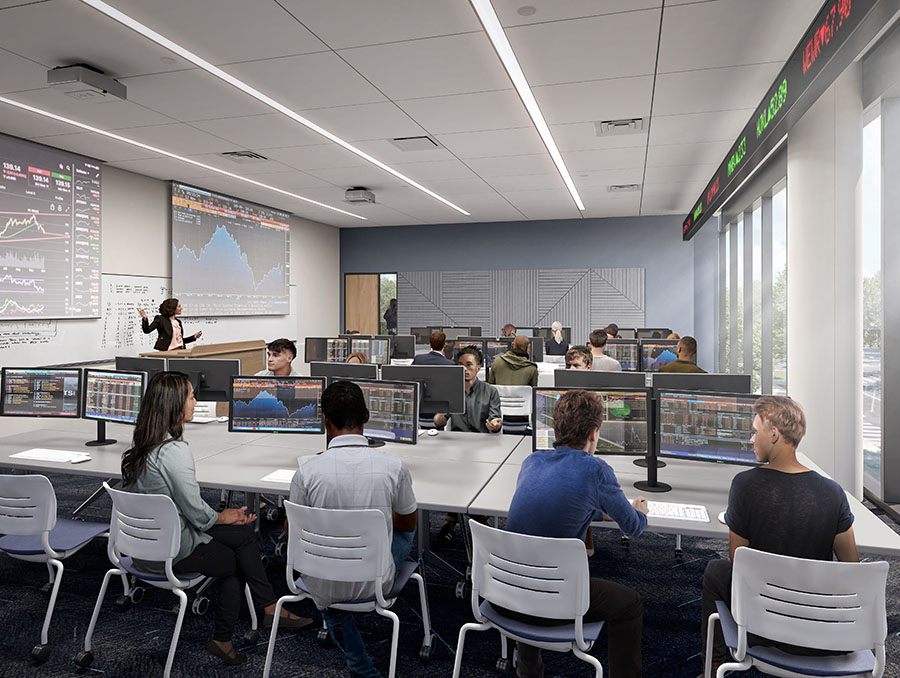 Rendering of the finance trading lab with four students facing a professor and other students and financial data on the screen to the left.