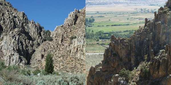 An image with two panels side by side. The panels show a mountainside with rocky outcroppings. Both images are of the same mountainside but from different angles.