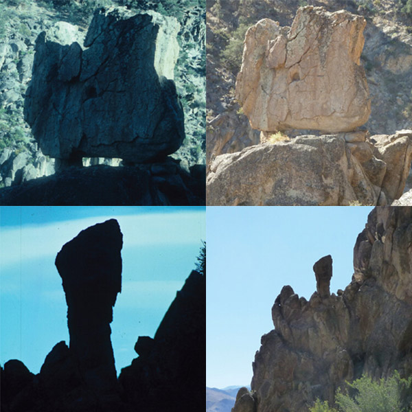 A four panel image with the top two panels showing the same rock from two different angles, and the bottom two panels showing a different rock from two different angles.