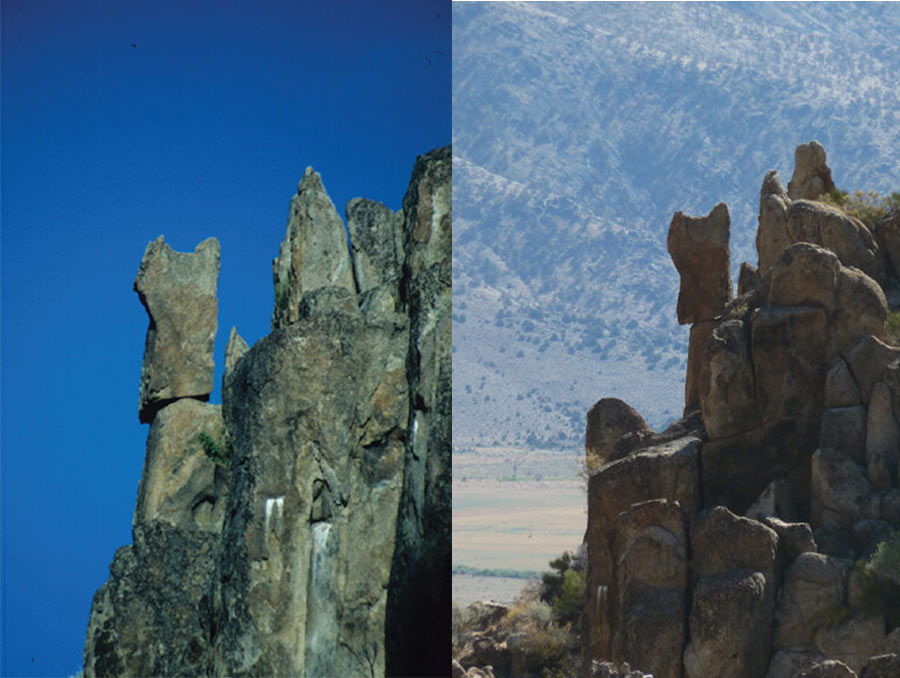 A two panel image shows a rock from two different angles. The rock looks very precarious on the edge of a cliff.