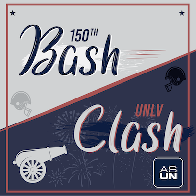 Poster image that is split in half, diagonally. The top half is silver and says "150th Bash" with a football helmet icon in the corner. The bottom half is blue with "UNLV Clash" and icons of a cannon and fireworks. The ASUN identifier is in the bottom right hand corner.