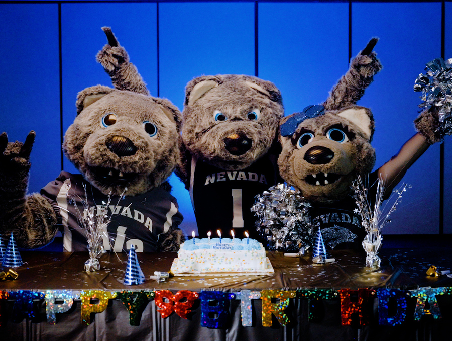 The three wolf mascots for the University stand in front of a blue background with a cake in front of them blowing out candles. A Happy Birthday sign is strung in front of them.