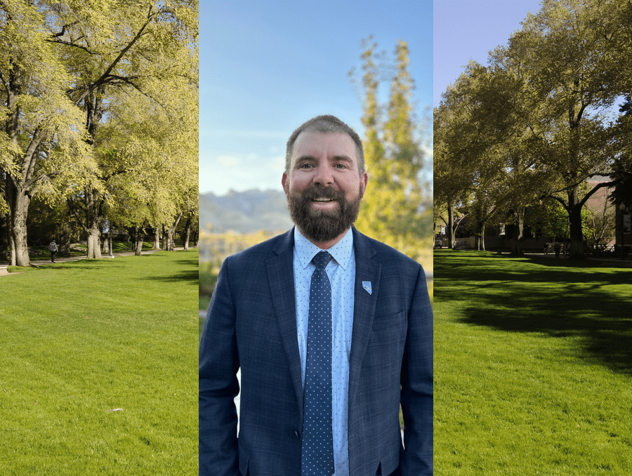 Headshot of Caleb McAdoo imposed upon an image of the University's quadrangle.