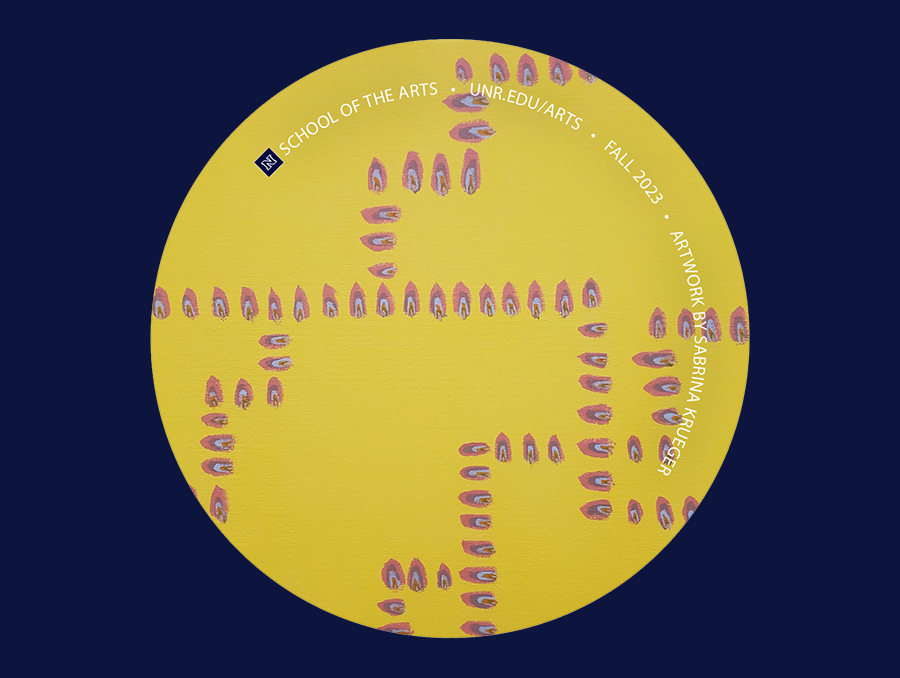 Sabrina Krueger’s nonobjection painting featuring a yellow background and pink oval dots entitled, “Happy.” 