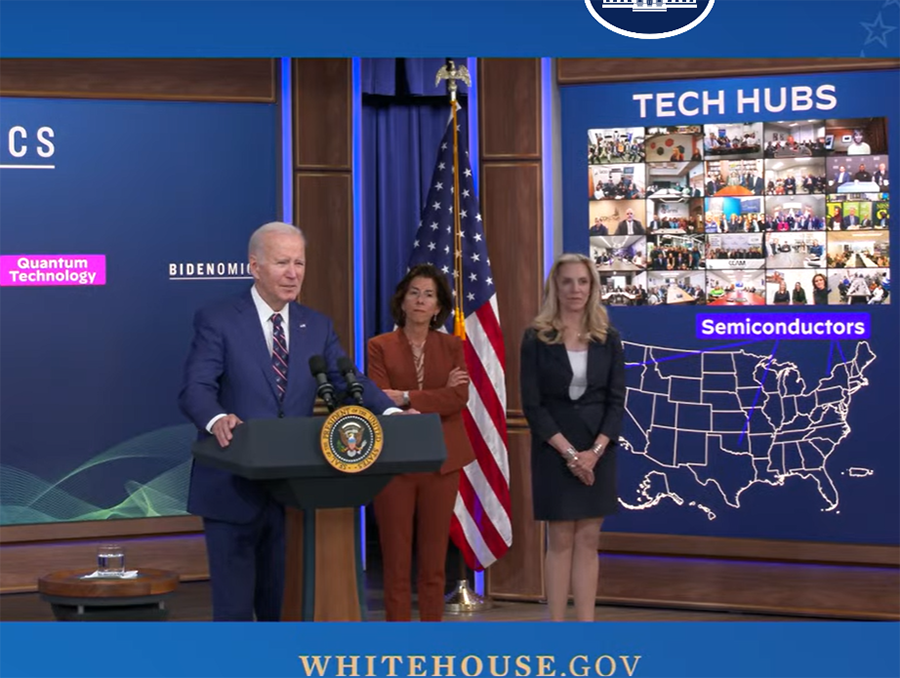 Screen shot of Tech Hubs White House press conference, left to right, U.S. President Joe Biden, U.S. Secretary of Commerce Gina Raimondo and Director of the National Economic Council Lael Brainard during a live announcement Oct. 23, 2023.