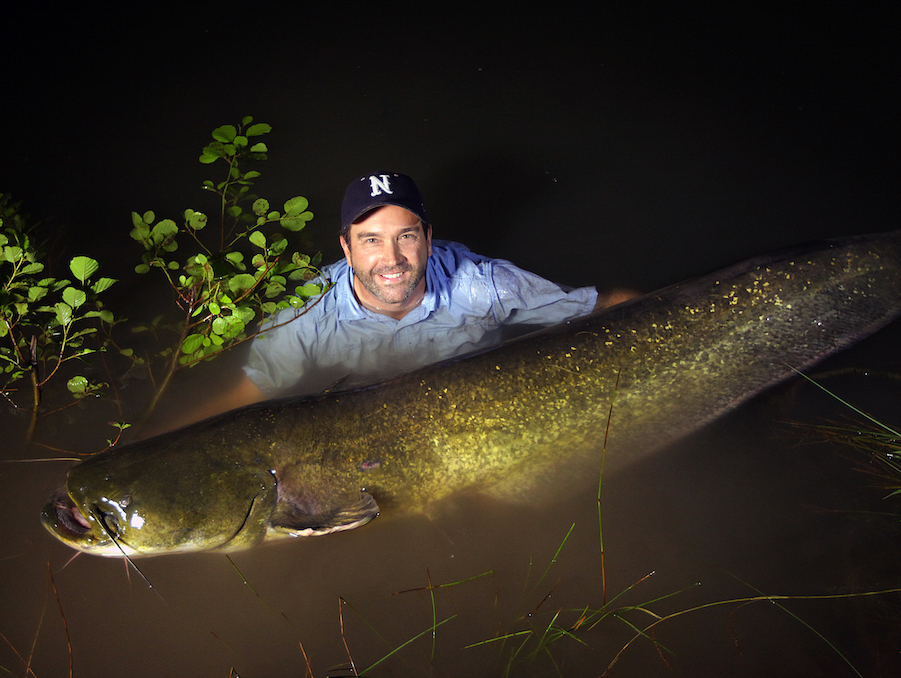 Zeb Hogan at night standing in a river holding an enormous fish up for a photo while wearing a Nevada baseball cap and smiling.