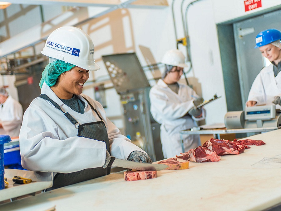 A student being trained while cutting meat into sections at the processing center at Wolf Pack meats with other students in the background holding clipboards.