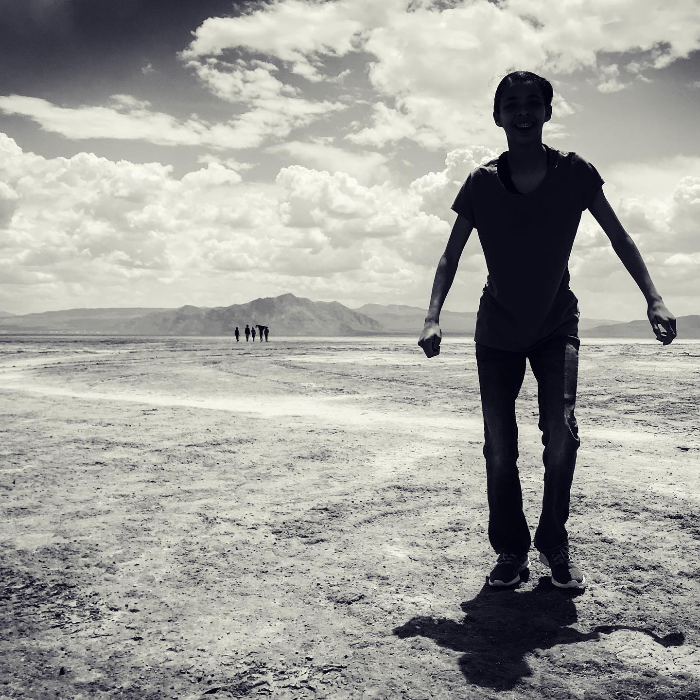 A silhouetted person stands in the Black Rock Desert.