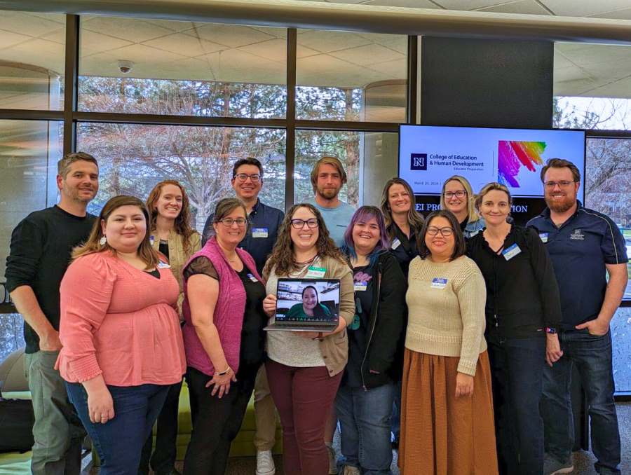 Faculty and students at a welcome reception.