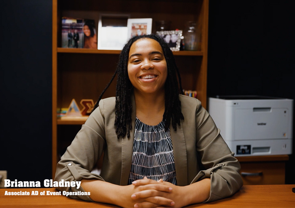 Photo of Brianna Gladney speak about her experience at the University of Nevada Athletics