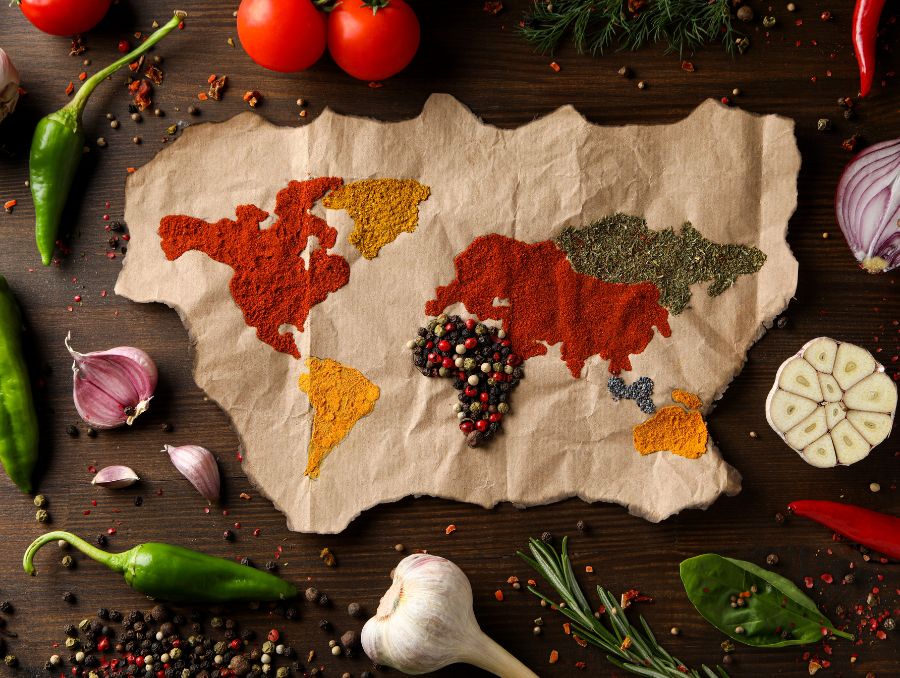 World map cutout with spices, tomatoes, and other herbs and vegetables.