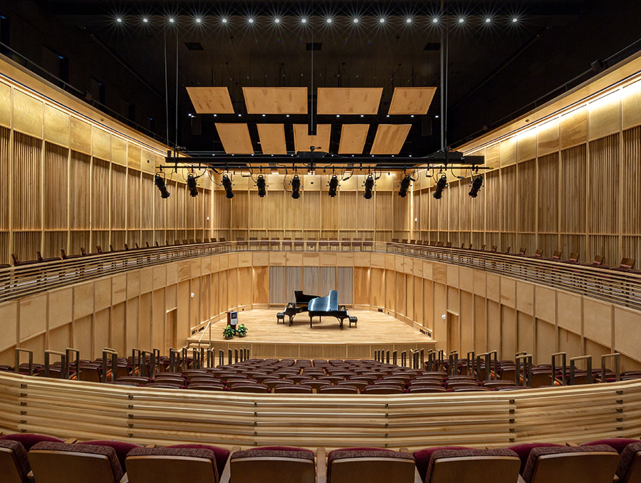 A wide view of the Hall Recital Hall interior
