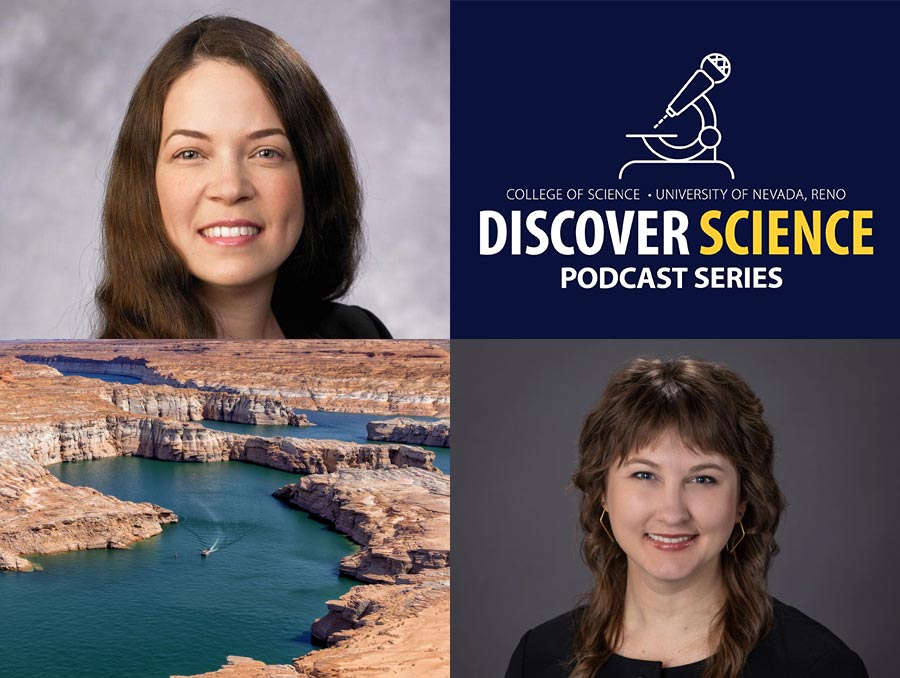 A composite image. In the top left corner, a portrait of Colby Pellegrino. In the bottom left corner, an image of a boat on the Colorado River. In the bottom right corner, a portrait of Elizabeth Koebele. In the top right corner, the Discover Science podcast identifier.