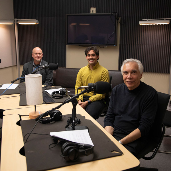 Brian Frost, Jesus Diaz Sanchez and Joe Schwarcz sit in a podcasting studio.
