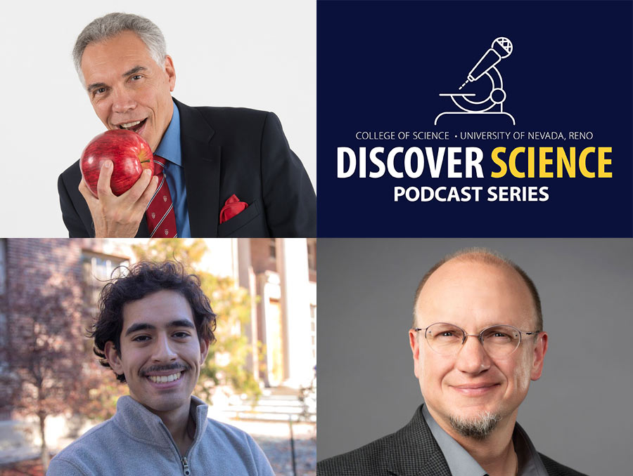 A composite image of portraits of Joe Schwarcz in the upper left corner, Jesus Diaz Sanchez in the bottom left corner, Brian Frost in the bottom right corner, and the Discover Science Podcast Series logo in the upper right corner.