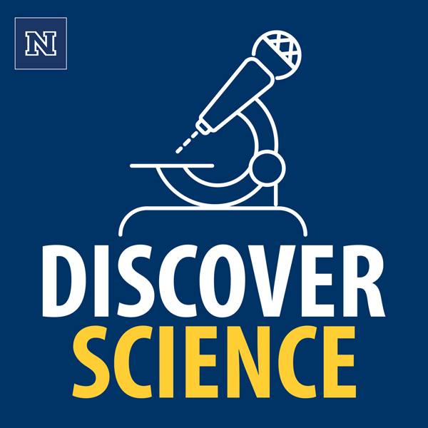 Discover Science podcast identifer. Logo has an icon that looks like a combination of a microscope and a microphone.