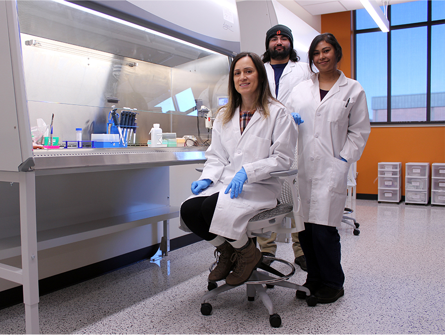 Josette El Zaklit sits in her lab with students Jose Moreno Duran and Farhana Hossein behind her.