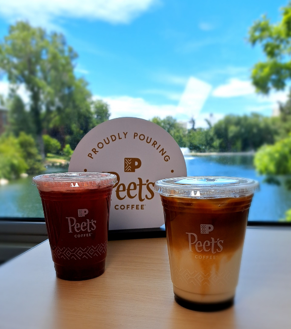 Two coffee drinks from Peet's with a background of Manzanita lake