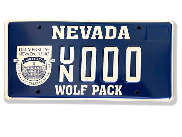The sesquicentennial license plate with the 150 logo, a blue background, and the words: Nevada at the top, UN 0000, and Wolf Pack at the bottom.