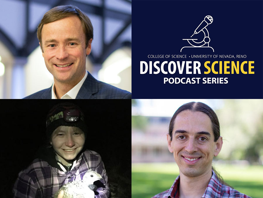A composition of a portrait of Jevin West (top left), a photo of Maddie Lohman holding a bird (bottom left), a portrait of Paul Hurtado (bottom right), and the Discover Science Podcast Series identifier which looks like a cross between a microphone and a microscope (top right).