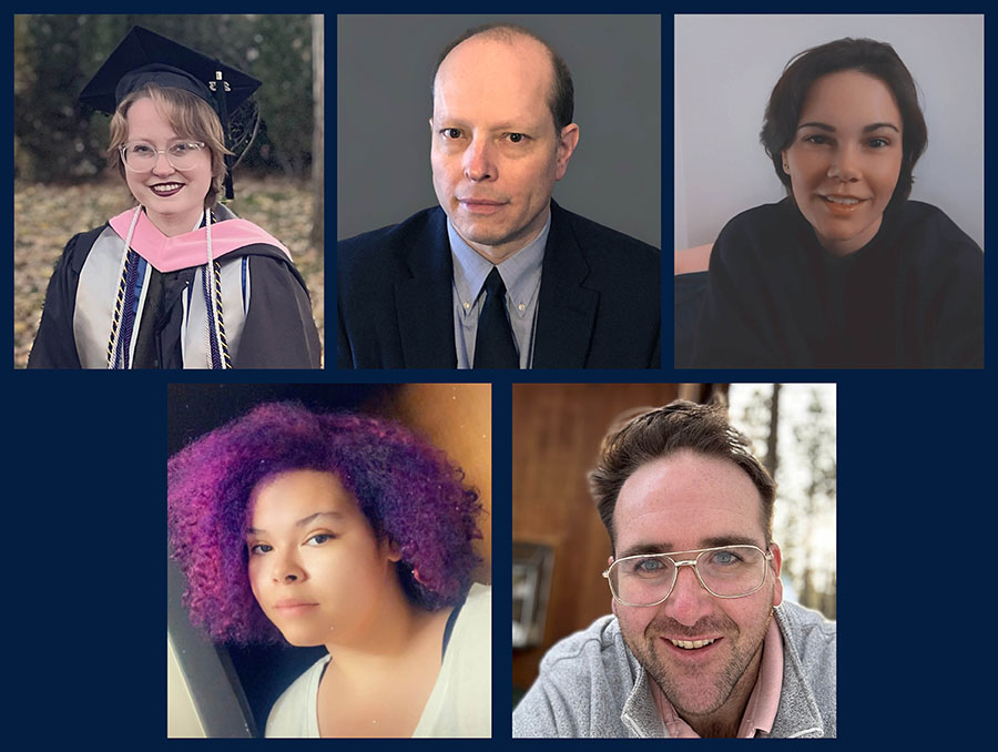 A collage of images with Victoria Blue in regalia, Jim Cherney in a suit, Bailey Hill wearing a dark shirt, Nico Rufus in a white shirt and Dave White in a peach shirt with a gray sweater.