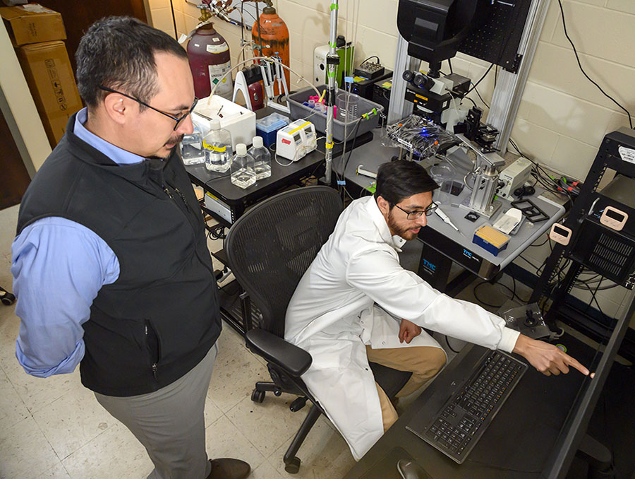 Albert Gonzales and Cristian Franco look at a large monitor to view lab tests.