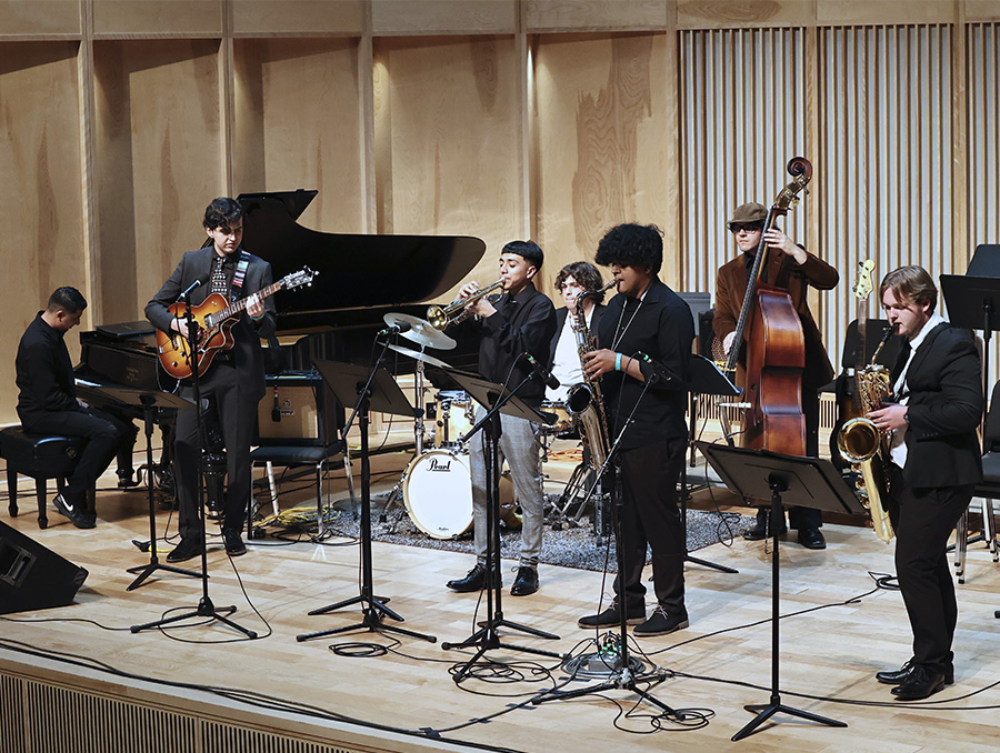 Students in a jazz combo perform on stage at the Reno Jazz Festival