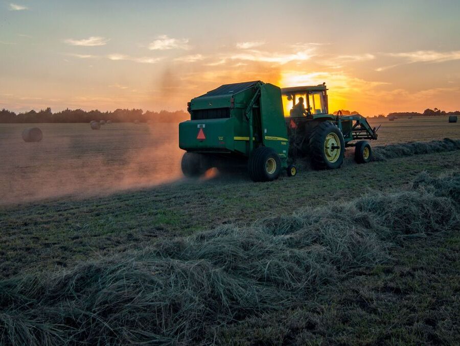 A tractor in a field.