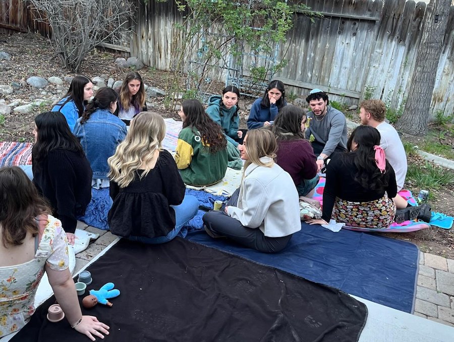 A group of people sitting on blankets in a backyard enjoying a picnic together.