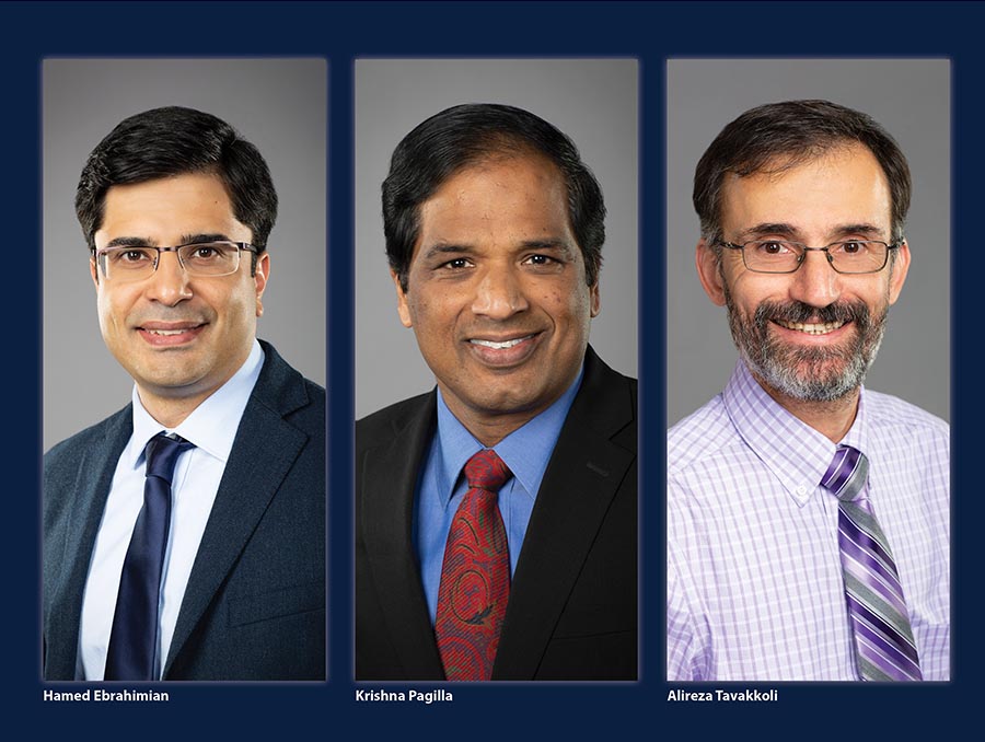 Head shots of Hamed Ebrahamian, Krishna Pagilla and Alireza Tavakkoli.