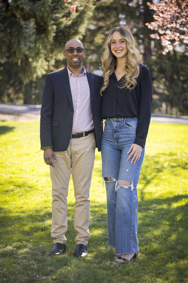 Pradyumn and Liz Ann outside on the quad.