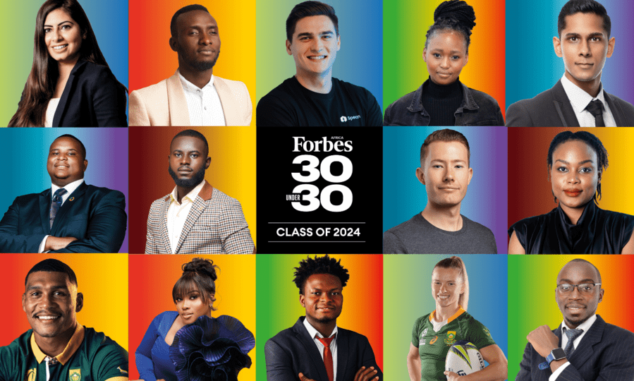 5 by 3 photo grid of individual headshots with colorful background behind them and the Forbes 30 under 30 class of 2024logo appearing in the middle.
