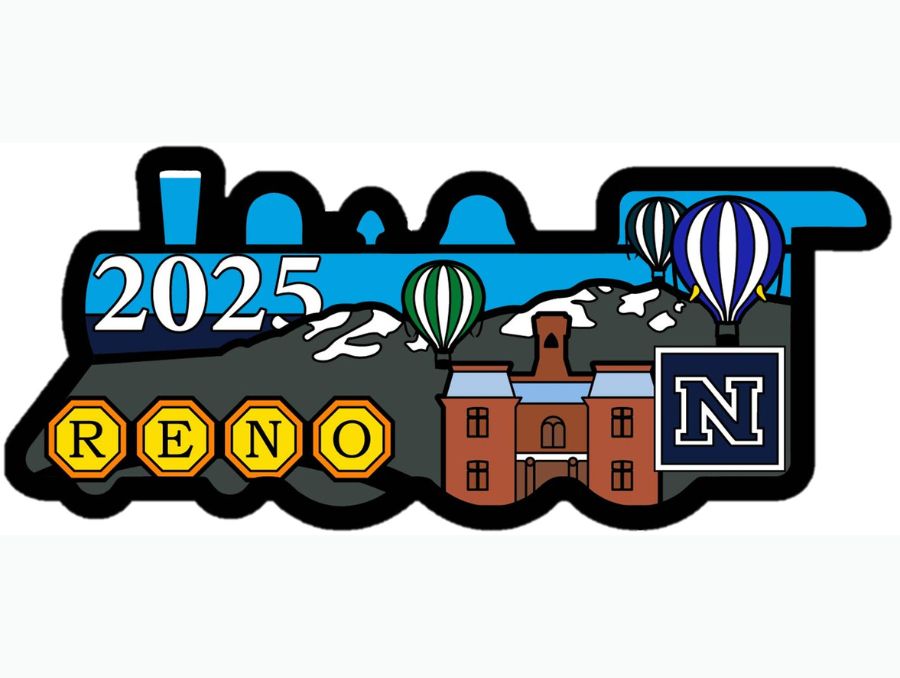 Balloon Race Scholarship Committee pin design featuring the elements listed and the words Reno and 2025.