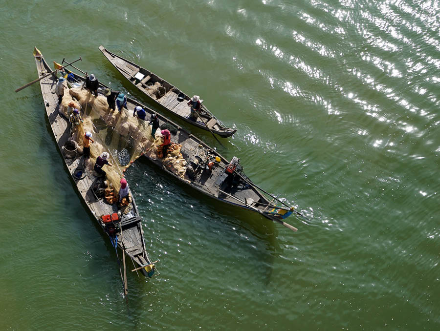 Aerial photo of fishing boats on the Mekong river.