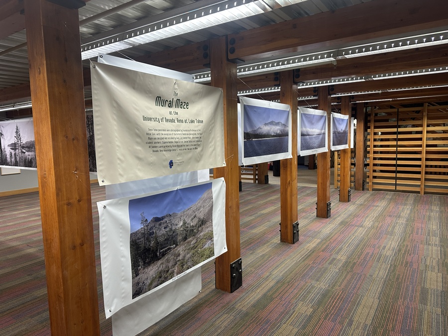Mural maze features hanging photos in the Prim Library building.