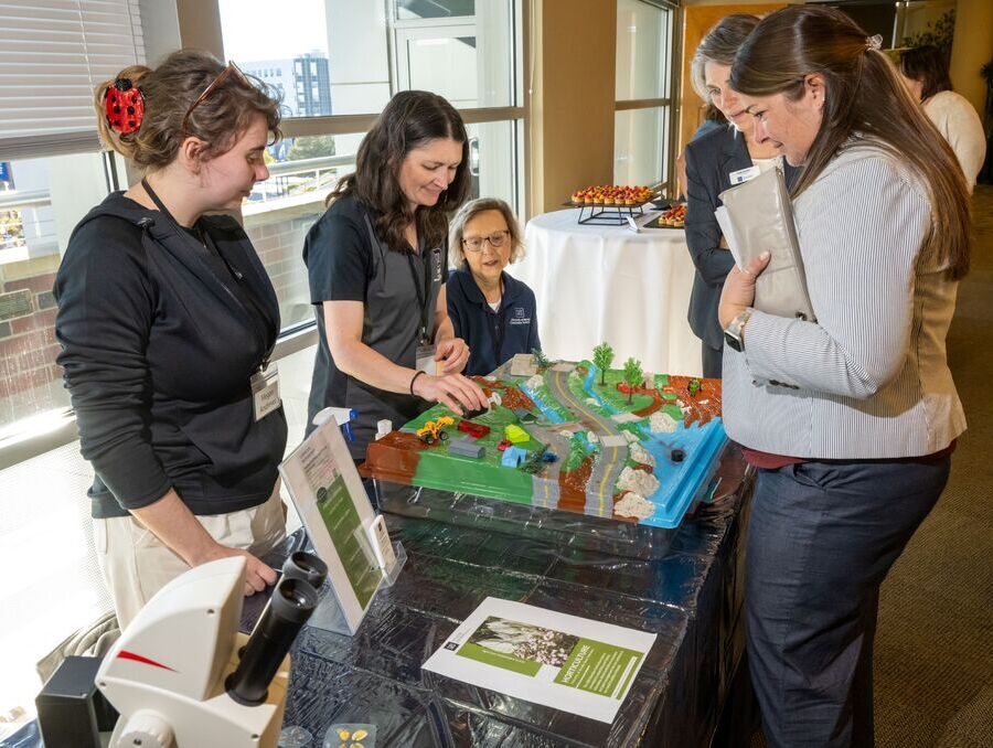 Individuals looking at a sustainable community model. 