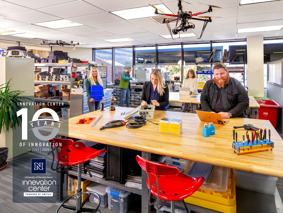 UNR Innevation Center is celebrating 10 years, individuals in a high-tech workspace filled with gadgets and equipment.