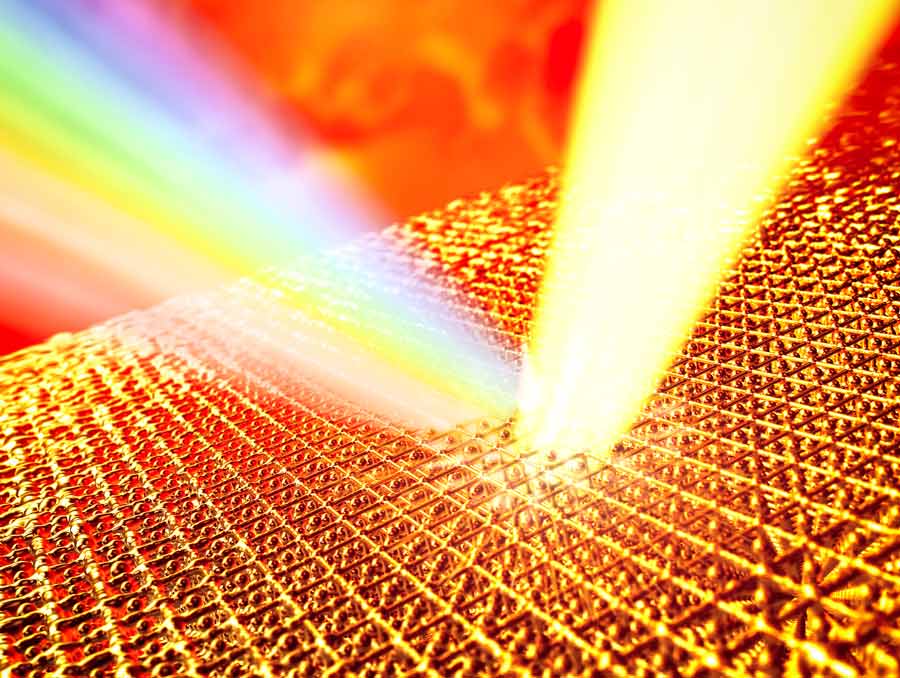 A gold lattice with yellow light hitting it and bouncing off as a rainbow, with swirls of orange and yellow in the background.