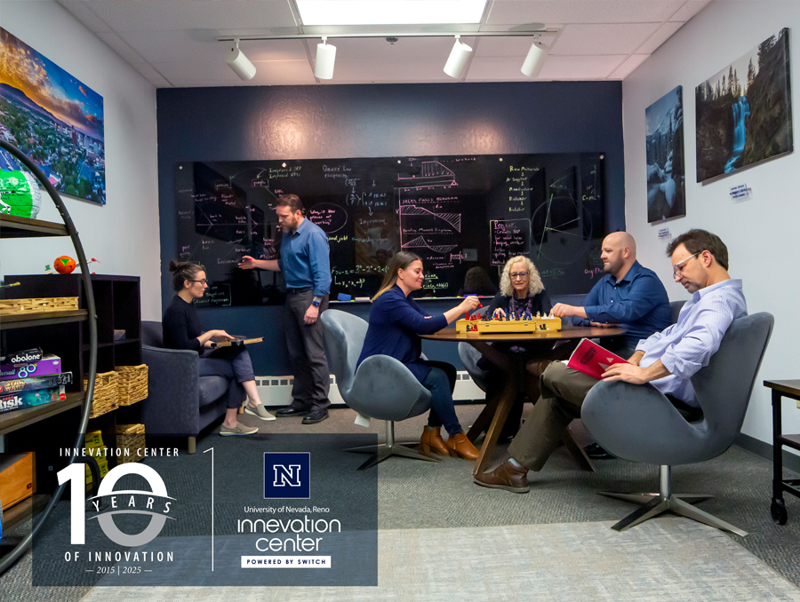 The Makerspace Decompression Chamber in the Innevation Center with people staged around the room and the 10-year logo included.