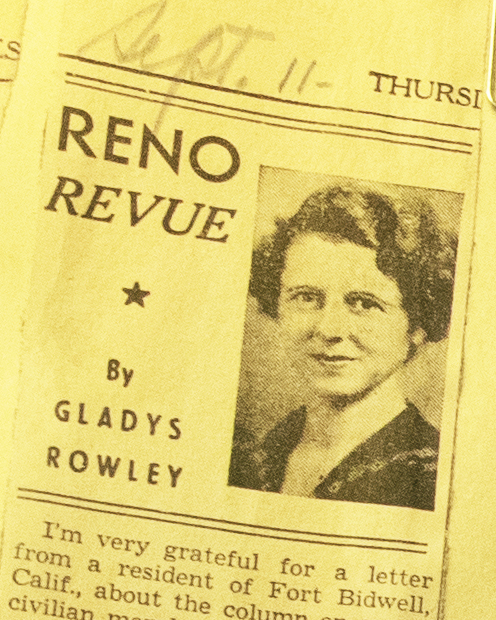 Portrait of Gladys Rowley shown in a clipping of the Reno Revue.