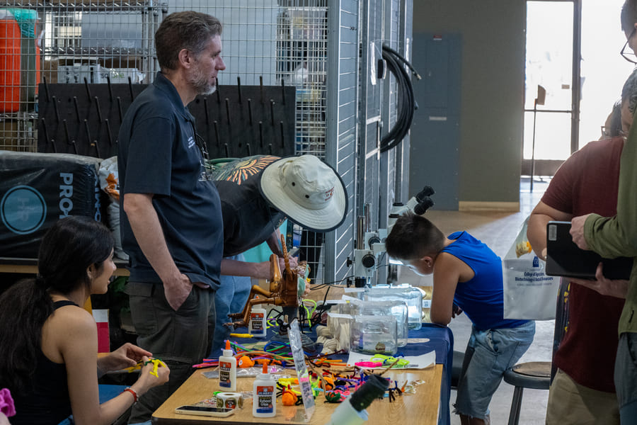 A man stands with his hands in his pockets beside a table covered with glue and colorful insect shapes. A boy and another man in a hat lean over to examine the table’s contents. Nearby, a group of people gathers in conversation around what appears to be an electronic gadget.
