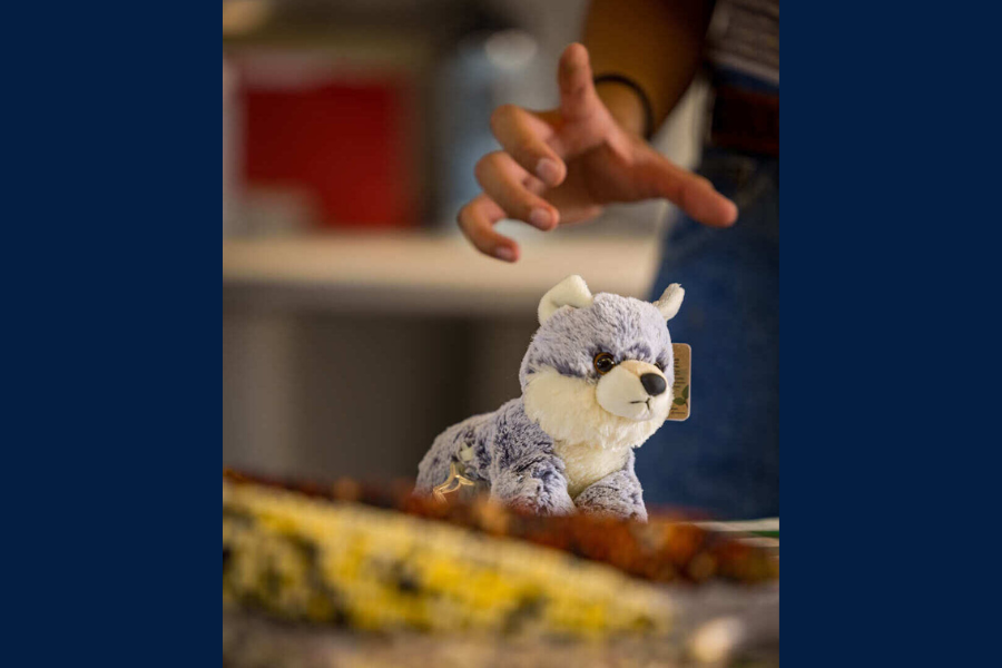 A hand with spread out fingers reaches out to a great and white stuffed animal on a table.