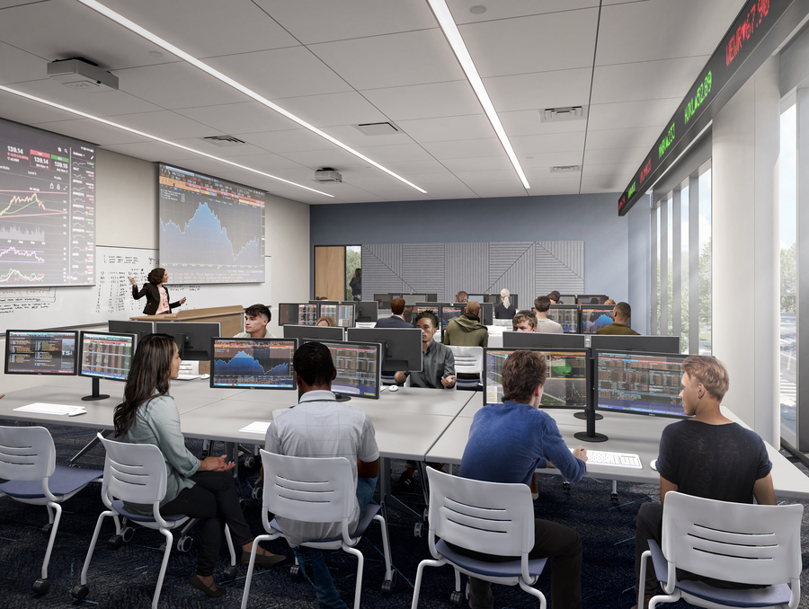 Rendering of students working at dual-monitor computer stations in a finance trading lab with stock market data displayed on screens, a digital stock ticker on the wall, and a professor presenting in front of large projection screens.