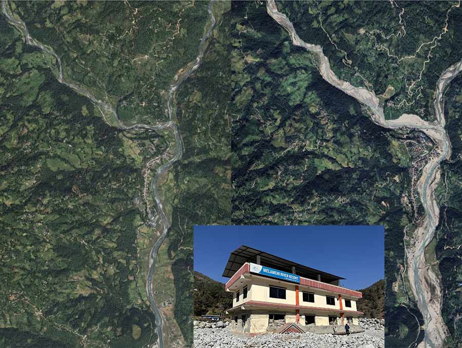 Side-by-side before and after satellite imagery shows a far more pronounced riverbank on the right in a green, mountainous region. An image of a resort buried at least one story in rubble is superimposed on the image.